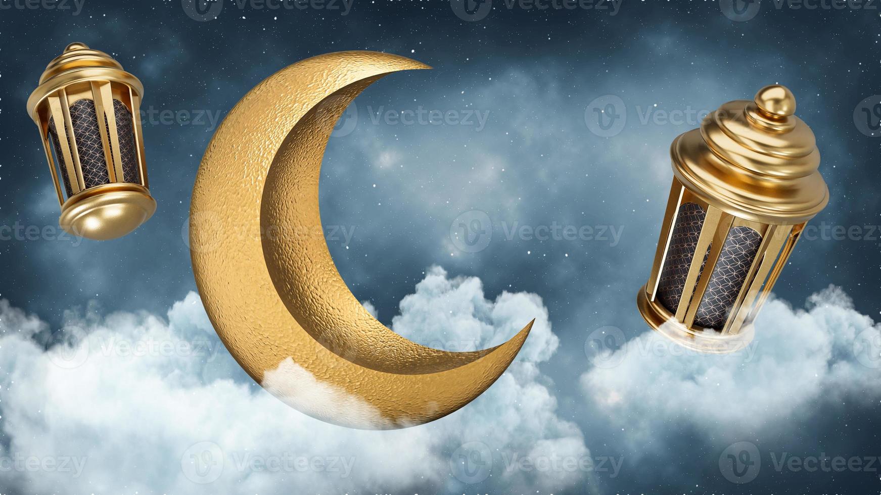 Eid Mubarak cards for Muslim Holidays Eid Ul Adha festival Ramadan Kareem background Crescent Moon and Lantern Lightning in sky 3d illustration photo