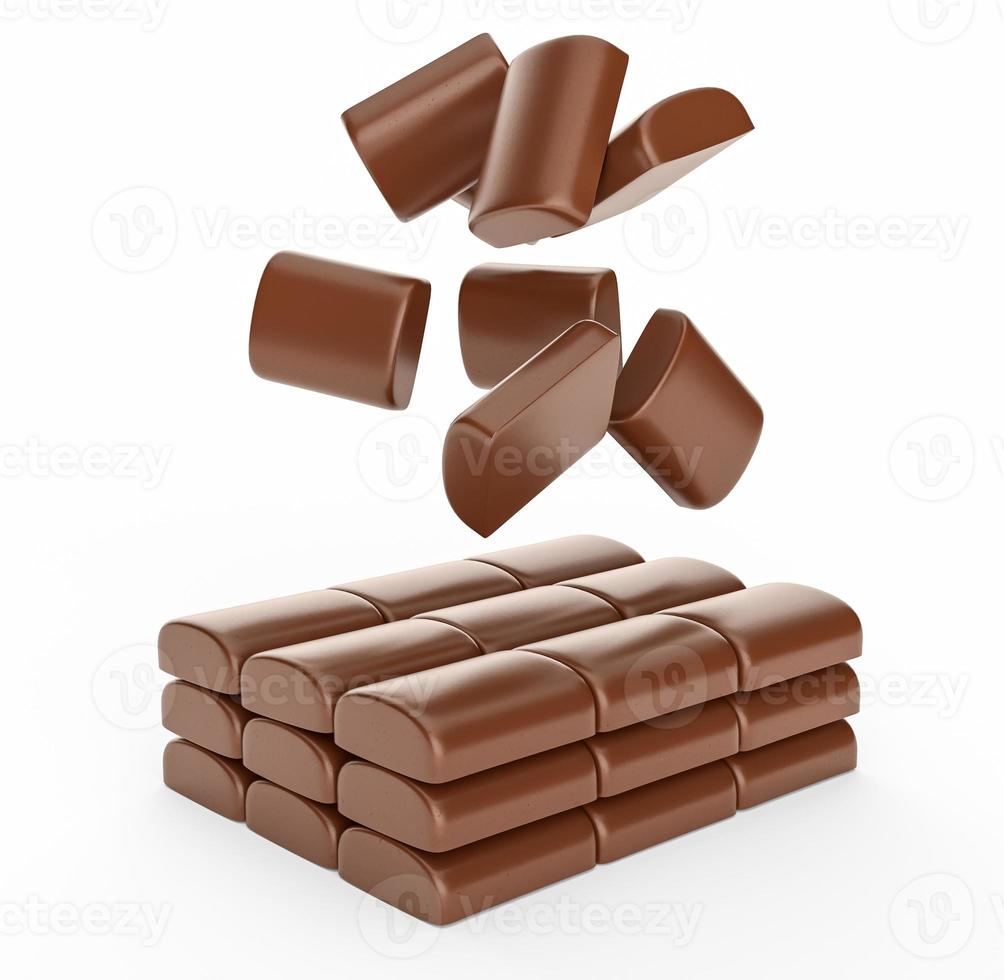 Chocolate chunks falling on chocolate stacks 3d illustration photo