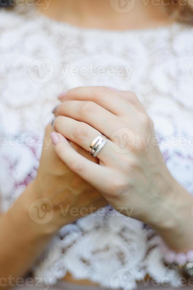 Blurry of elegant diamond ring on woman finger with window and sunlight tone background.Love and wedding concept. photo