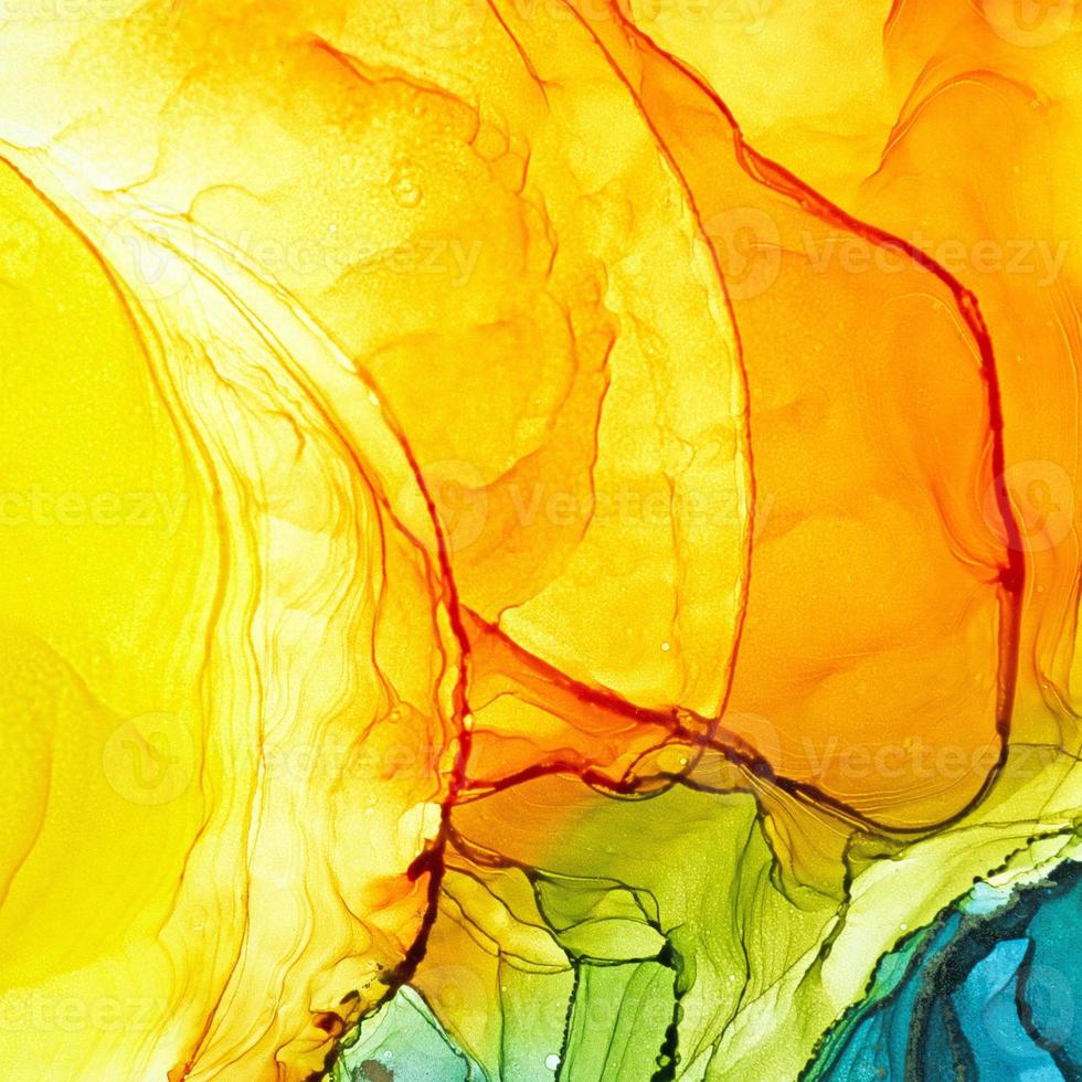 Alcohol ink air texture. Azure, blue, yellow, orange, green abstract background. Abstract translucent flow. Modern fluid art for wrapping, wallpaper photo