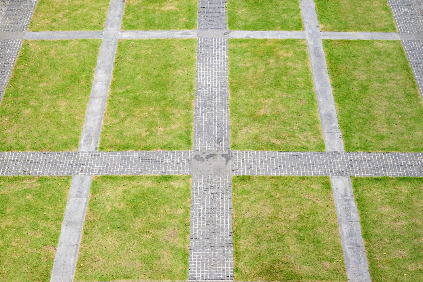 top view of rough stone walkway with green grassy lawn photo