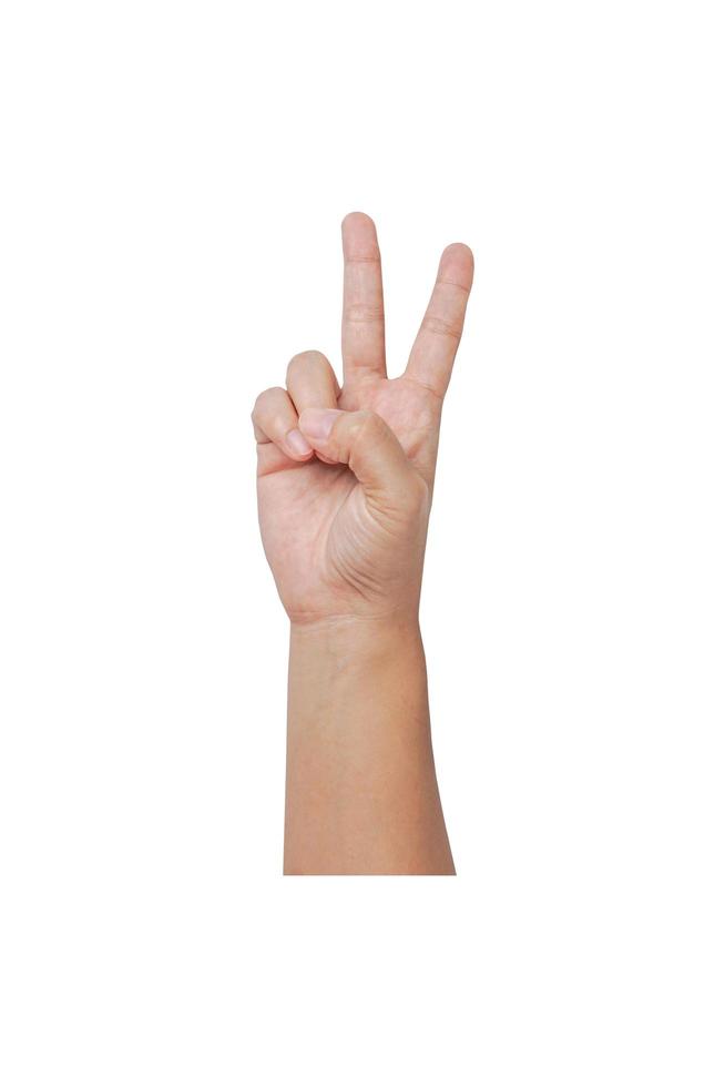 Woman showing two fingers up with arm isolated on white background with clipping path. photo