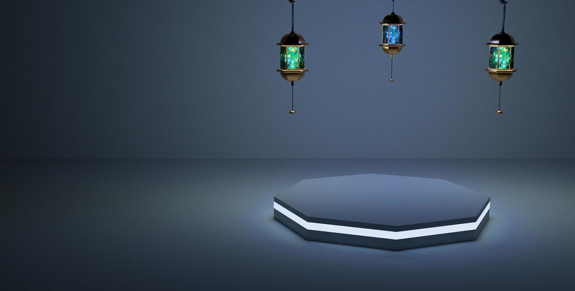 Islamic 3d podium with lamp lights photo