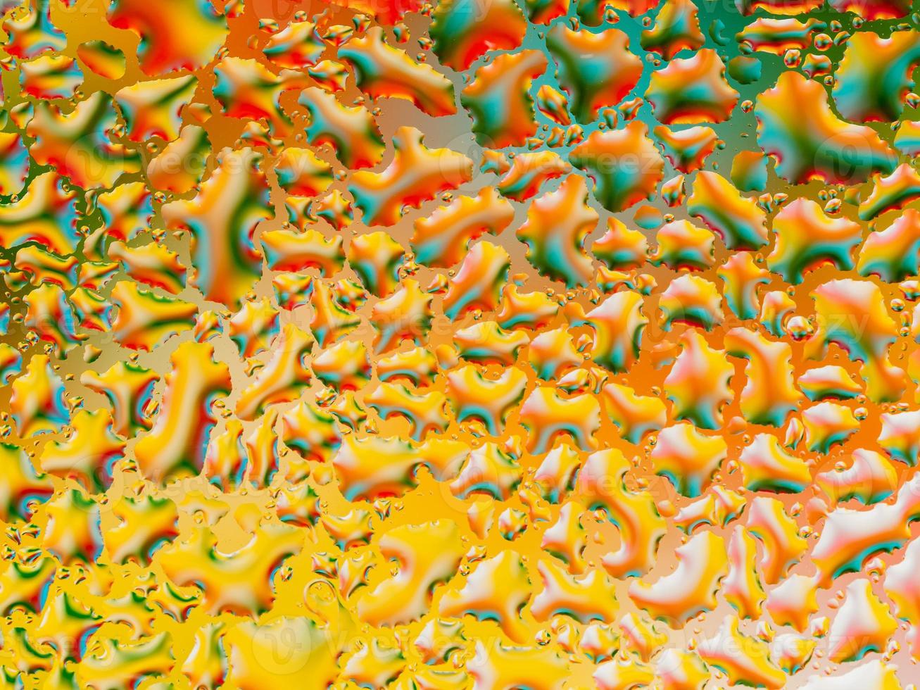 Abstract coloful vivid background with large and small convex drops of water on glass, condensation on window. Macro, close up. photo