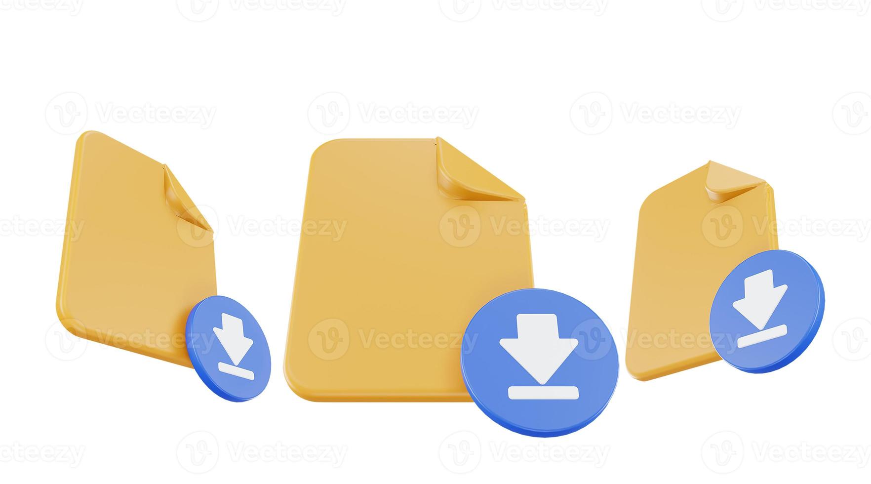 3d render file download icon with orange file paper and blue download photo