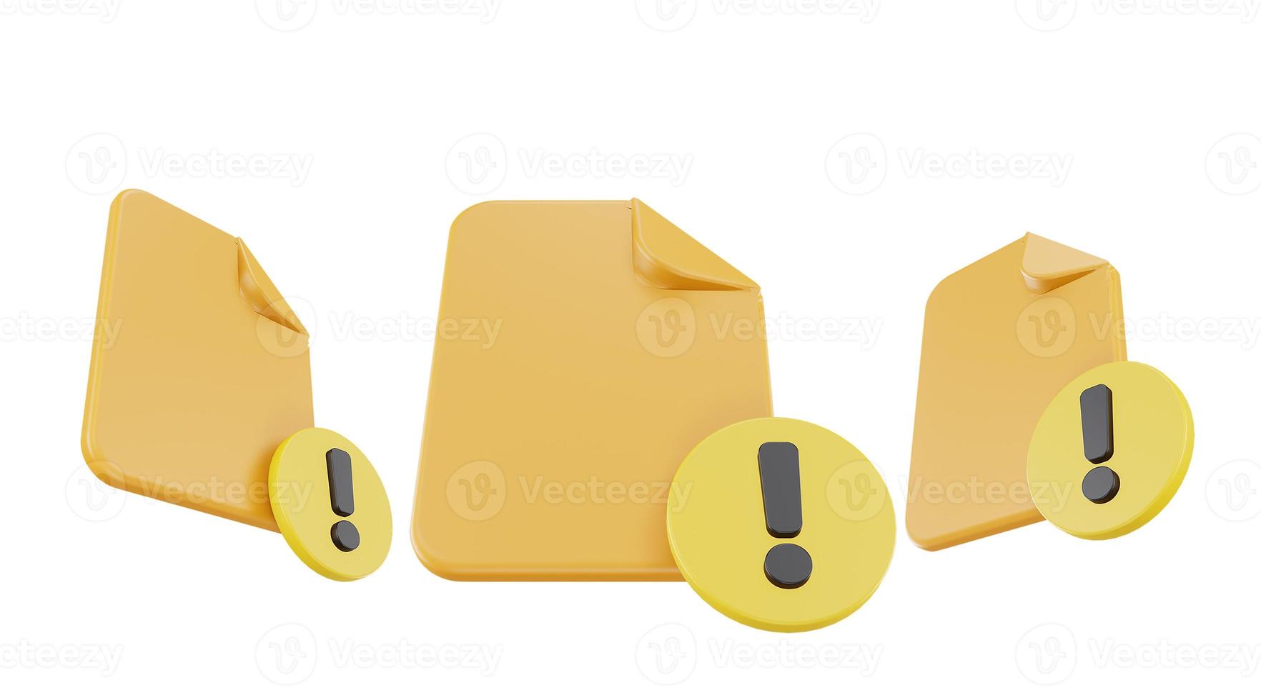 3d render file exclamation mark icon with orange file paper and yellow exclamation mark photo