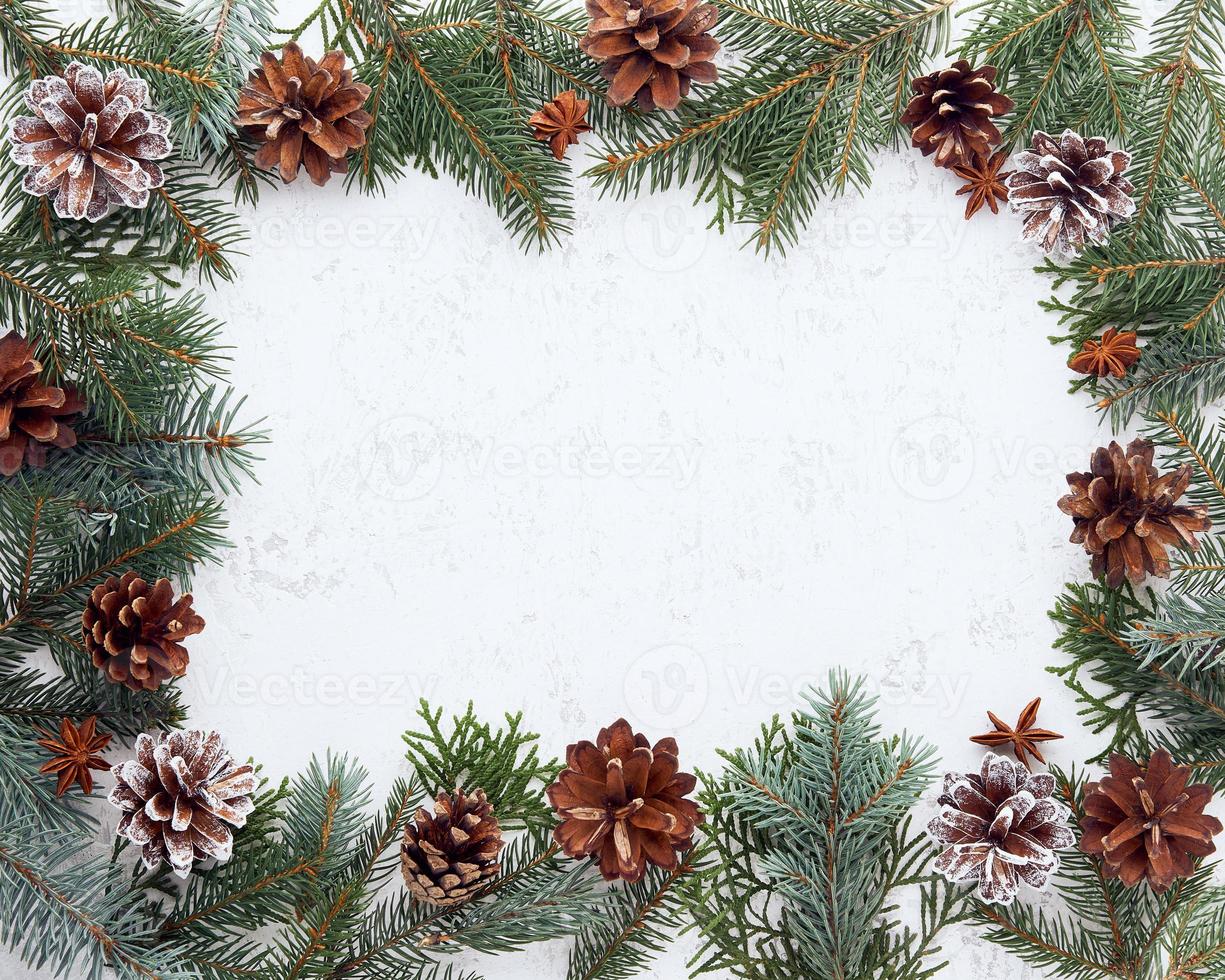 Christmas and Happy New Year light white background. Frame with fir branches, cones photo