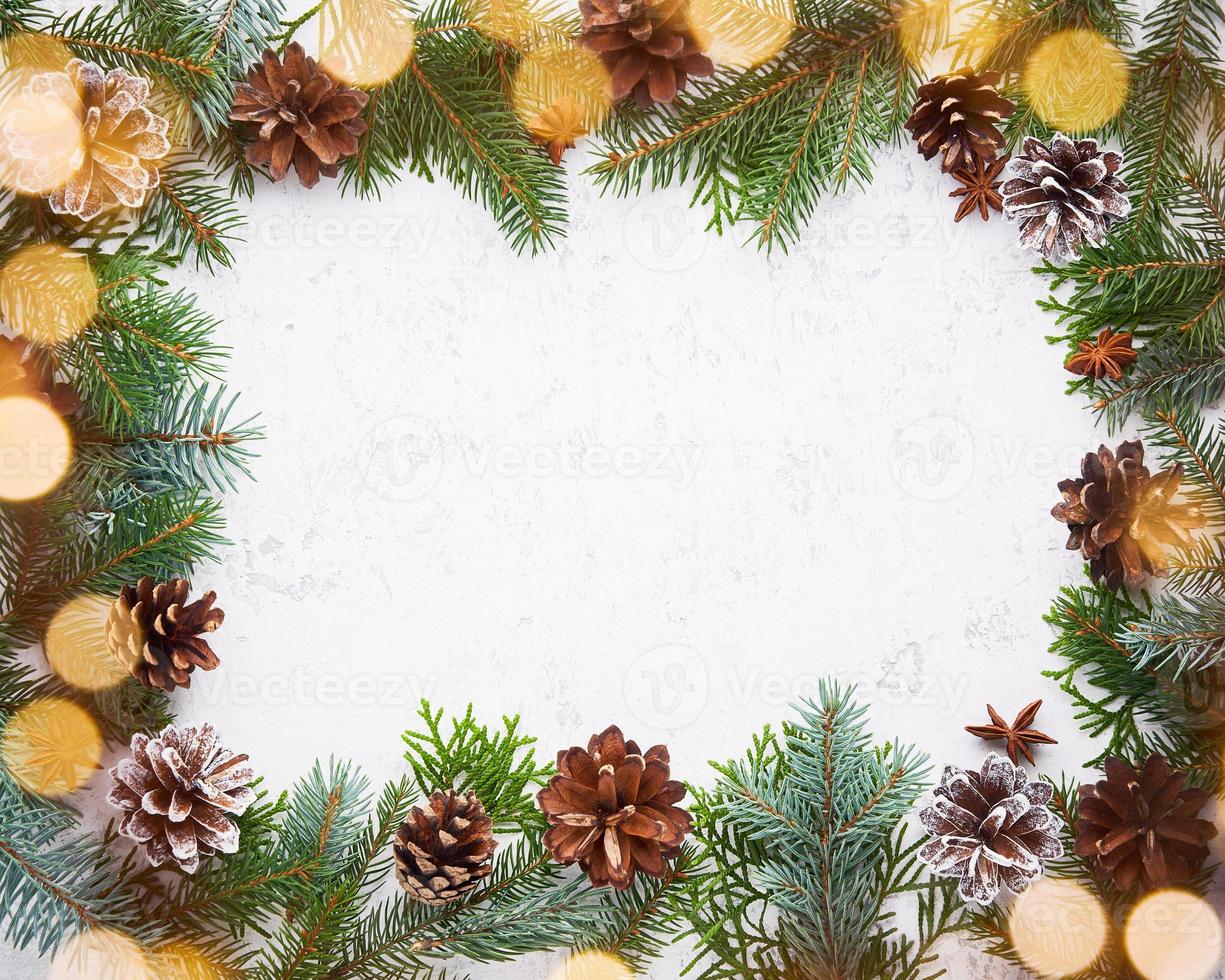 Christmas and Happy New Year light white background. Frame with garland lights photo