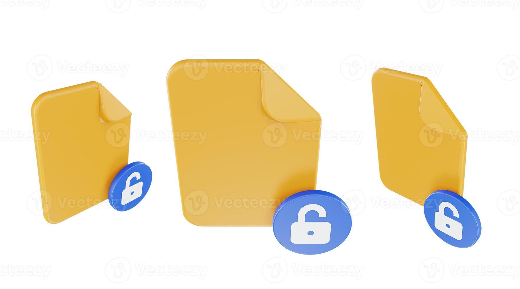 3d render file unlocked icon with orange file paper and blue unlocked photo