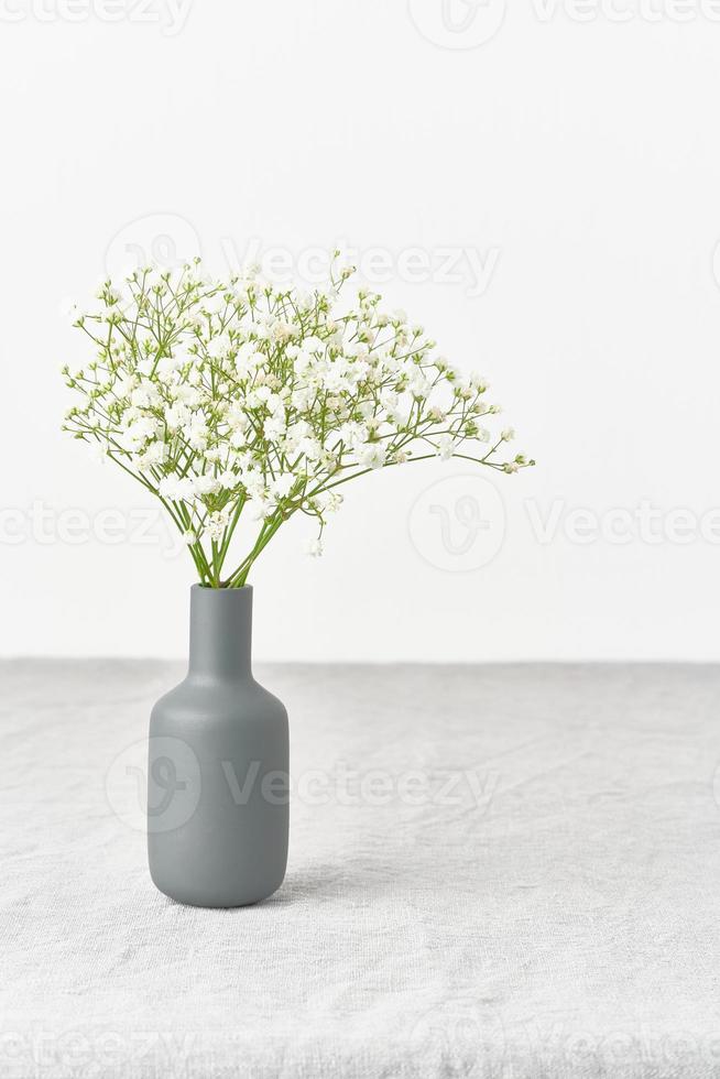 Gypsophila flowers in vase. Soft light, Scandinavian minimalism, white walls photo