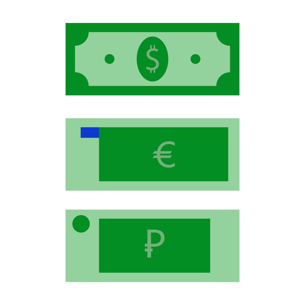 dinero. billetes rublo, dólar, euro vector