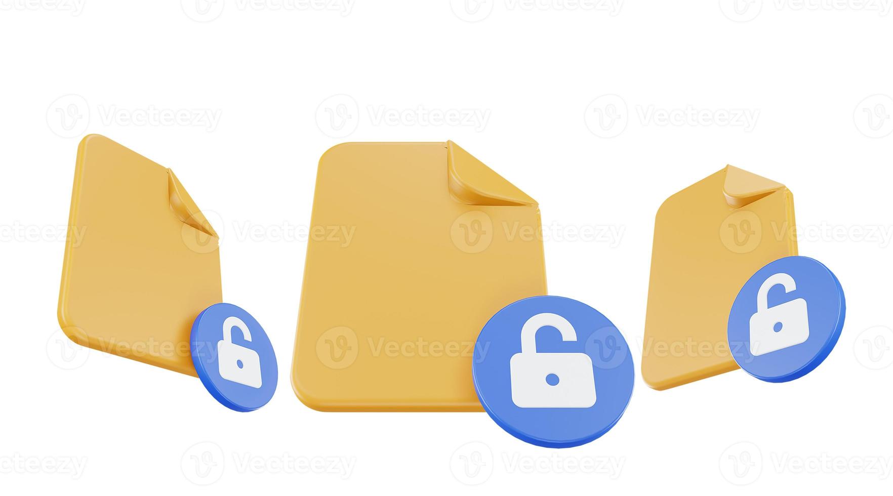 3d render file unlocked icon with orange file paper and blue unlocked photo