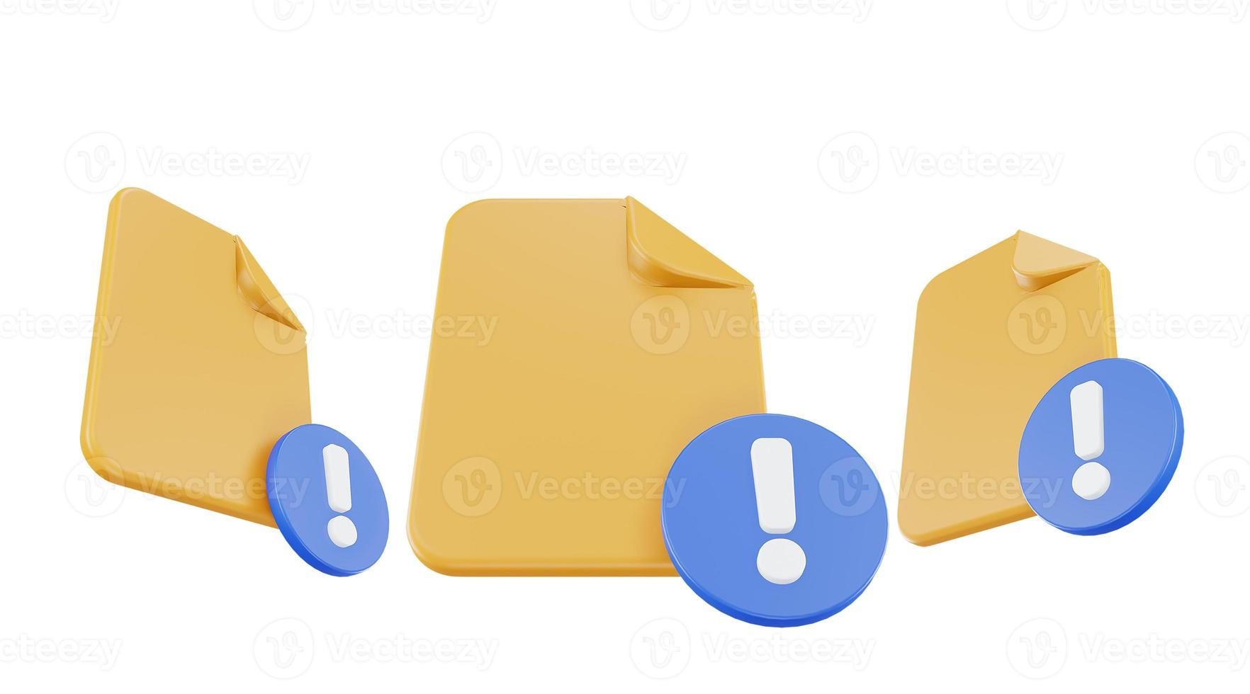 3d render file exclamation mark icon with orange file paper and blue exclamation mark photo