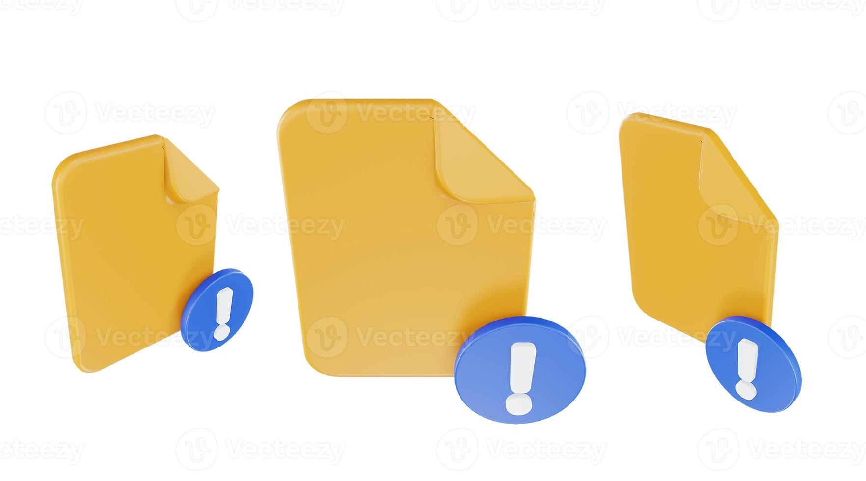 3d render file exclamation mark icon with orange file paper and blue exclamation mark photo