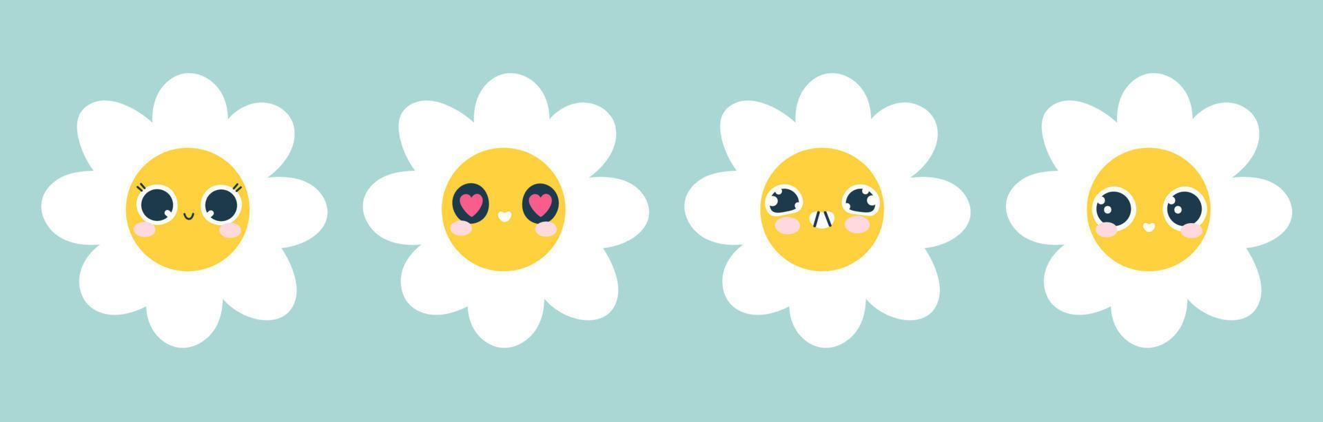 A set of cute smiling daisy flowers. Chamomile with happy emotions. vector