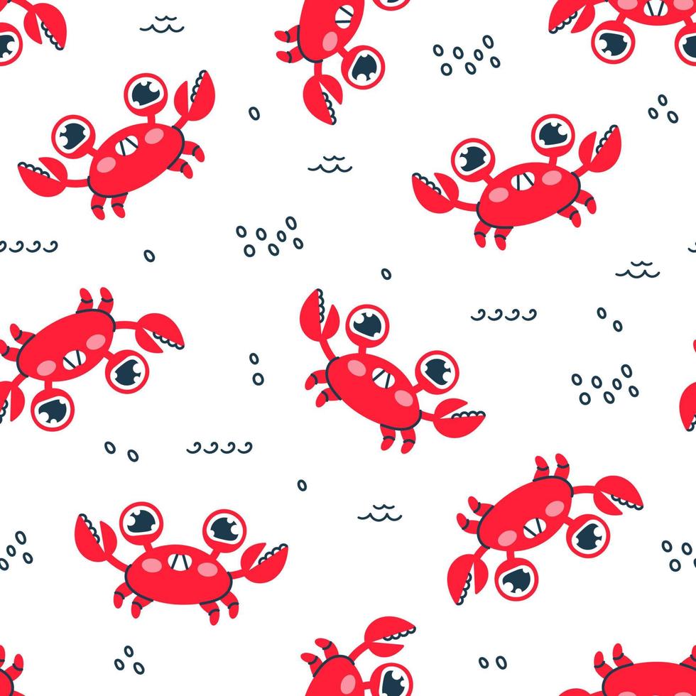Seamless pattern with cute red crabs. Vector background for kids in doodle style. Print for clothing, textiles