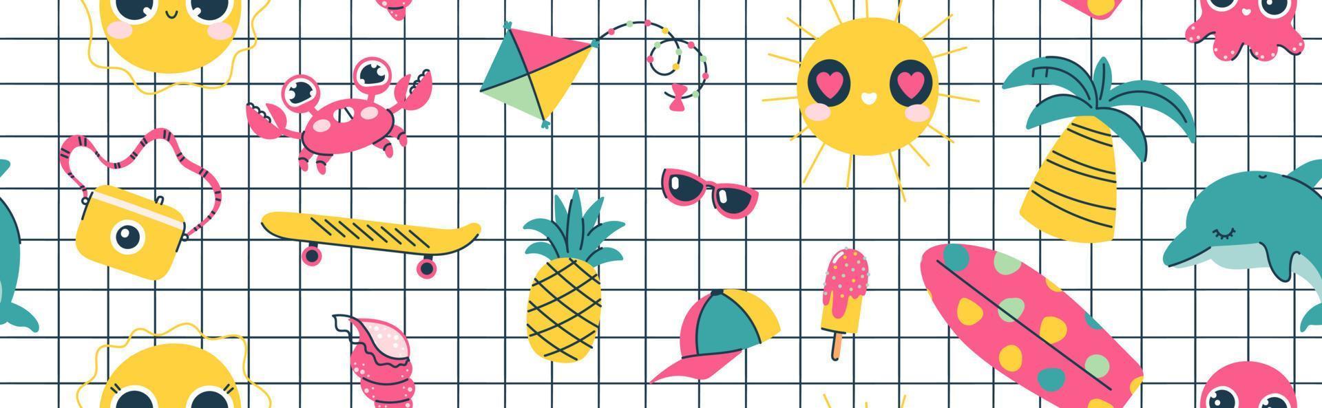 The summer banner is seamless. Vector background with pineapple, crab, dolphin