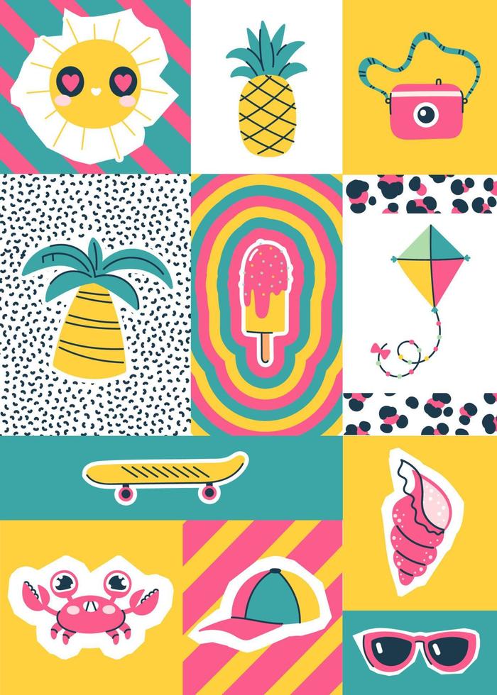 Funny summer characters and objects. Abstract background. Vector illustration of the poster. Modern trendy background in doodle style