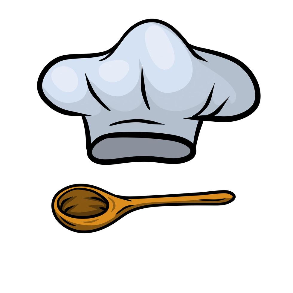 Chef hat. Vector Wooden spoon. Cook white Clothes.