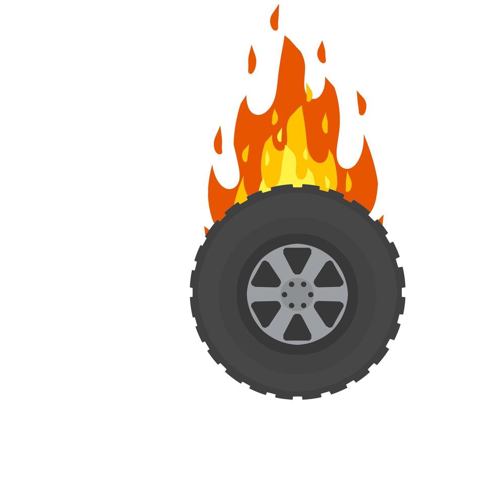 Burning wheel of car. Flames on tire. vector