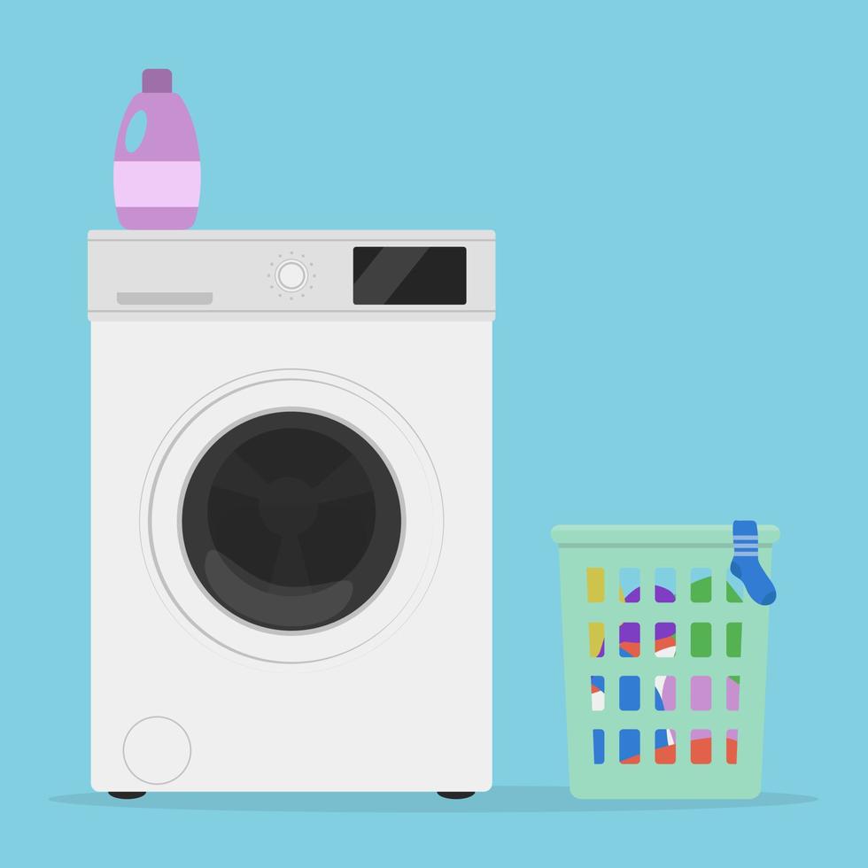 Washing machine, laundry basket and liquid laundry detergent, on a blue background. vector