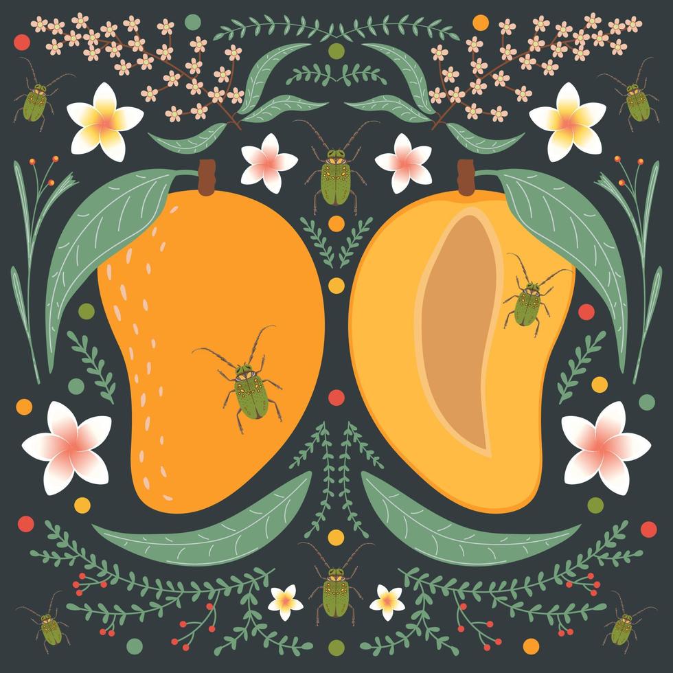 mango sobre un fondo oscuro con elementos florales, flores, hojas y escarabajos verdes. vector