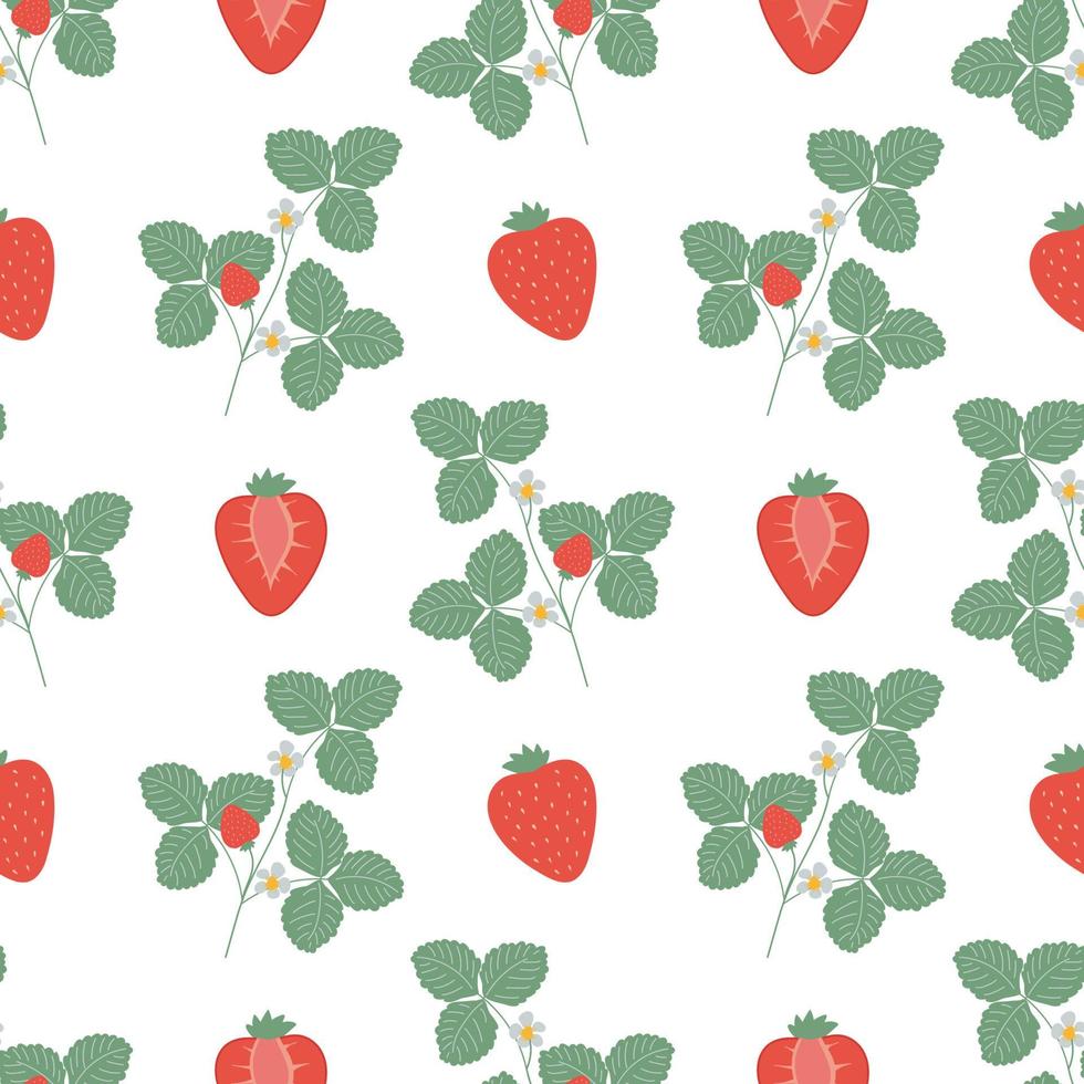 Seamless pattern with strawberries, leaves and flowers. Perfect for textiles, wrapping paper. vector