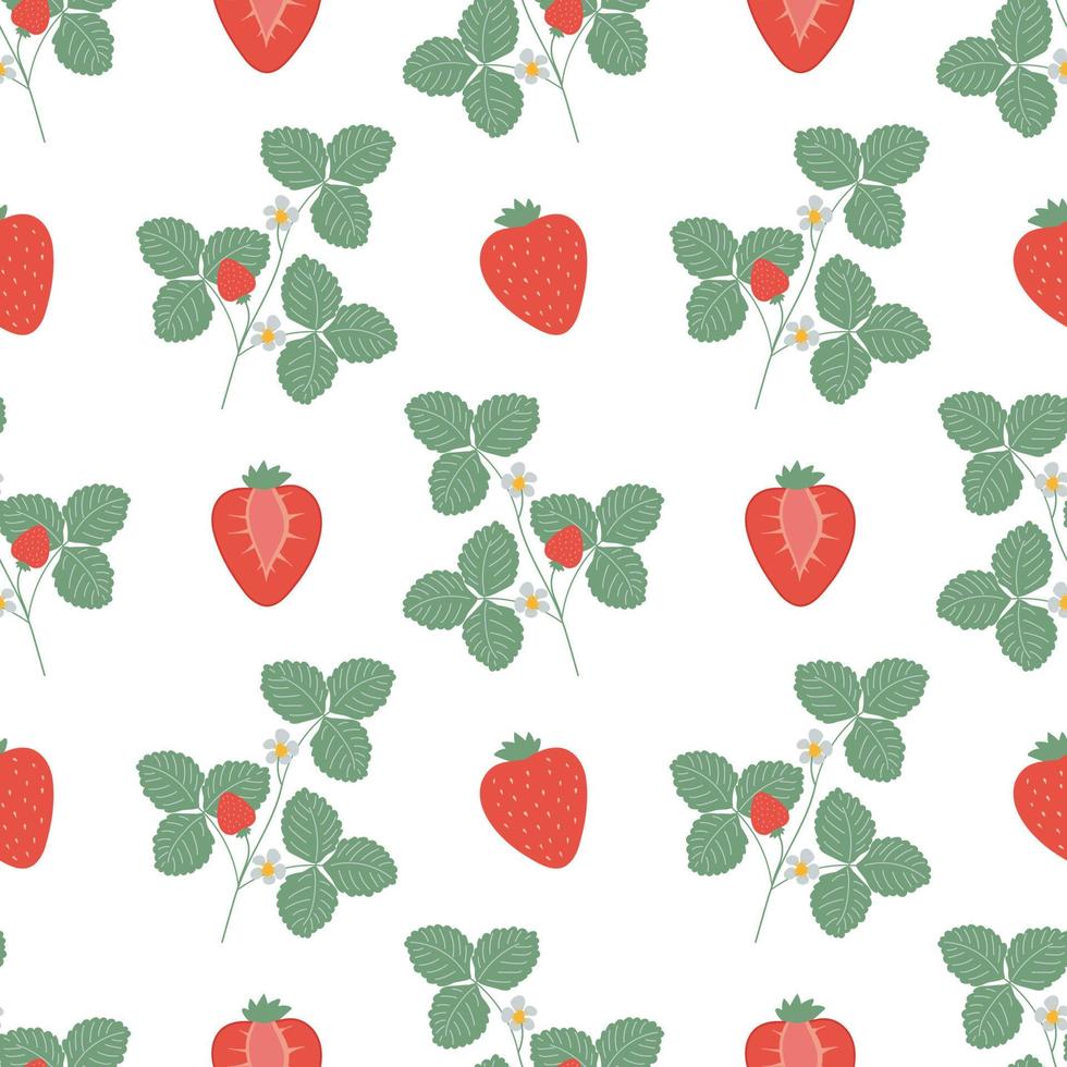 Seamless pattern with strawberries, leaves and flowers. Perfect for textiles, wrapping paper. vector