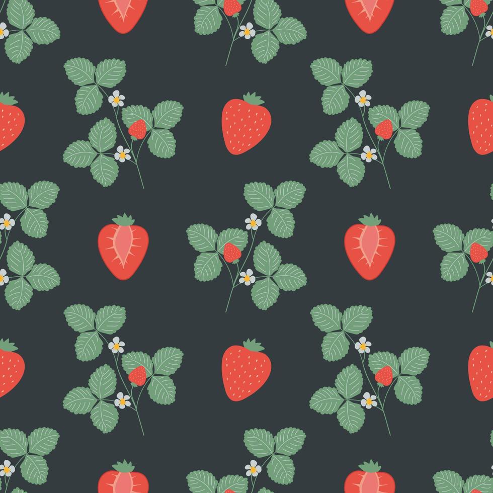 Seamless pattern with strawberries, leaves and flowers. Perfect for textiles, wrapping paper. vector