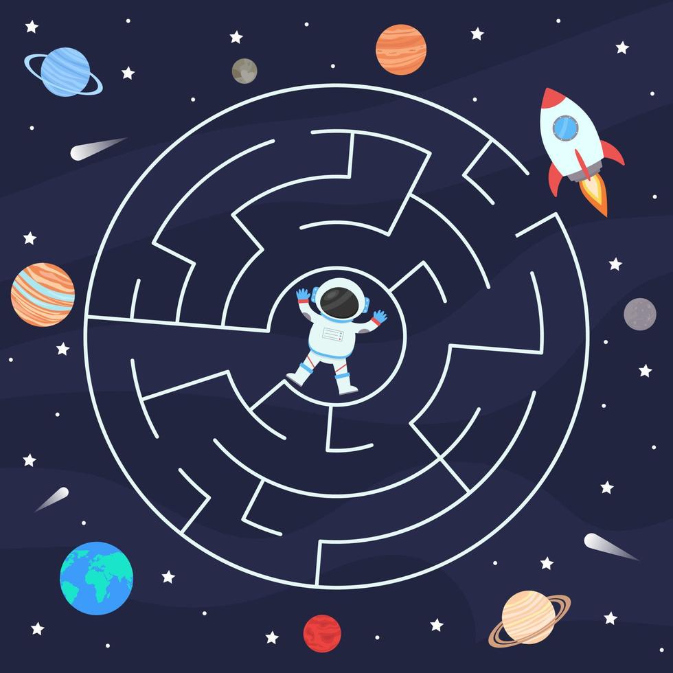 Space maze game for kids. Help the astronaut find the way to the rocket. Educational game for children. vector