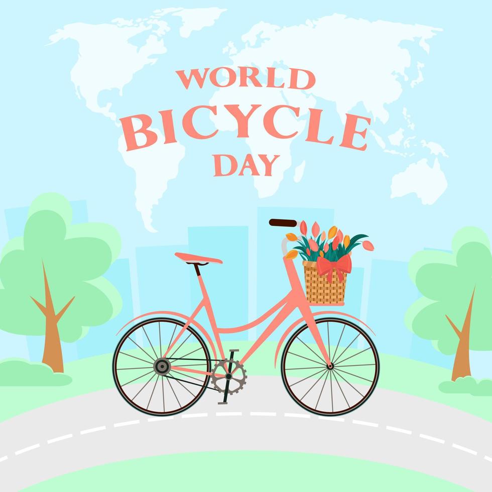 World Bicycle Day. Bicycle on the background of nature and the city. Holiday concept. vector