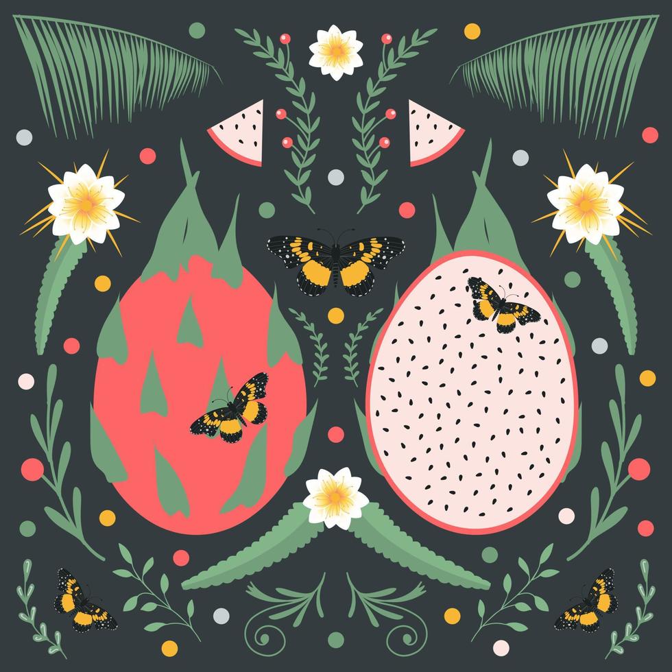 Dragon fruit or pitahaya, on a dark background with floral elements, flowers, leaves and butterflies. vector