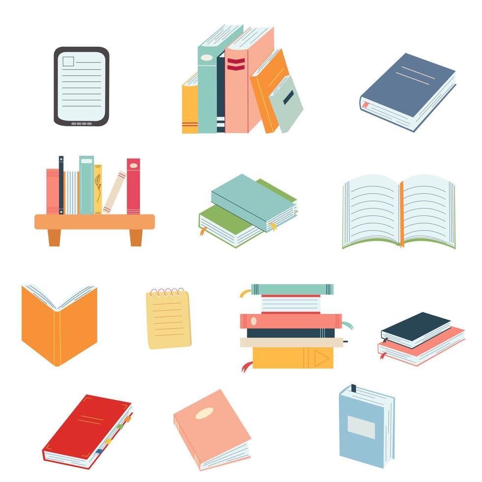 World book day concept, studying, learning. Stack of books in cartoon flat style. Vector illustration of hand drawn educational, encyclopedias, planner.