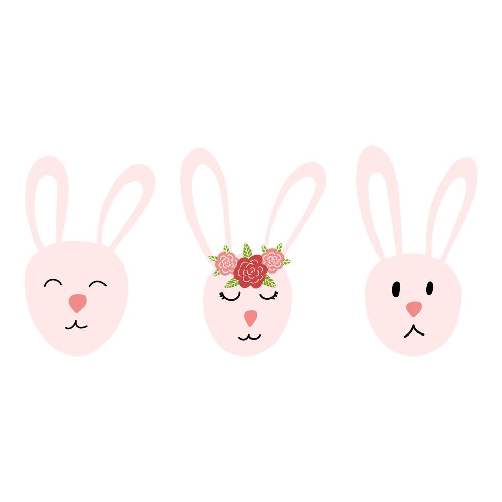 Set of cute bunny faces in cartoon flat style isolated on white background. Easter rabbit character for print, kids design. Vector illustration of sweet animal snout.