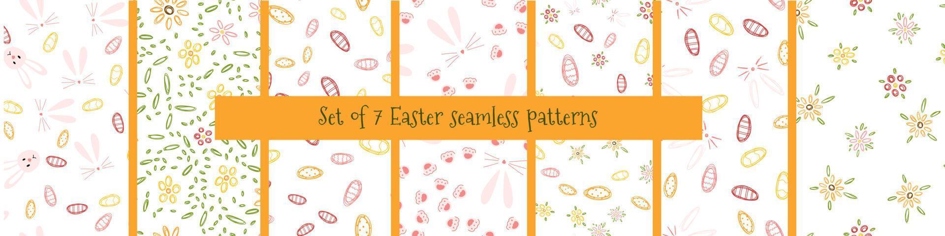 Set of seamless patterns with Easter egg, bunny, flowers in hand drawn cartoon childish style. Colorful vector illustration of spring holiday background.