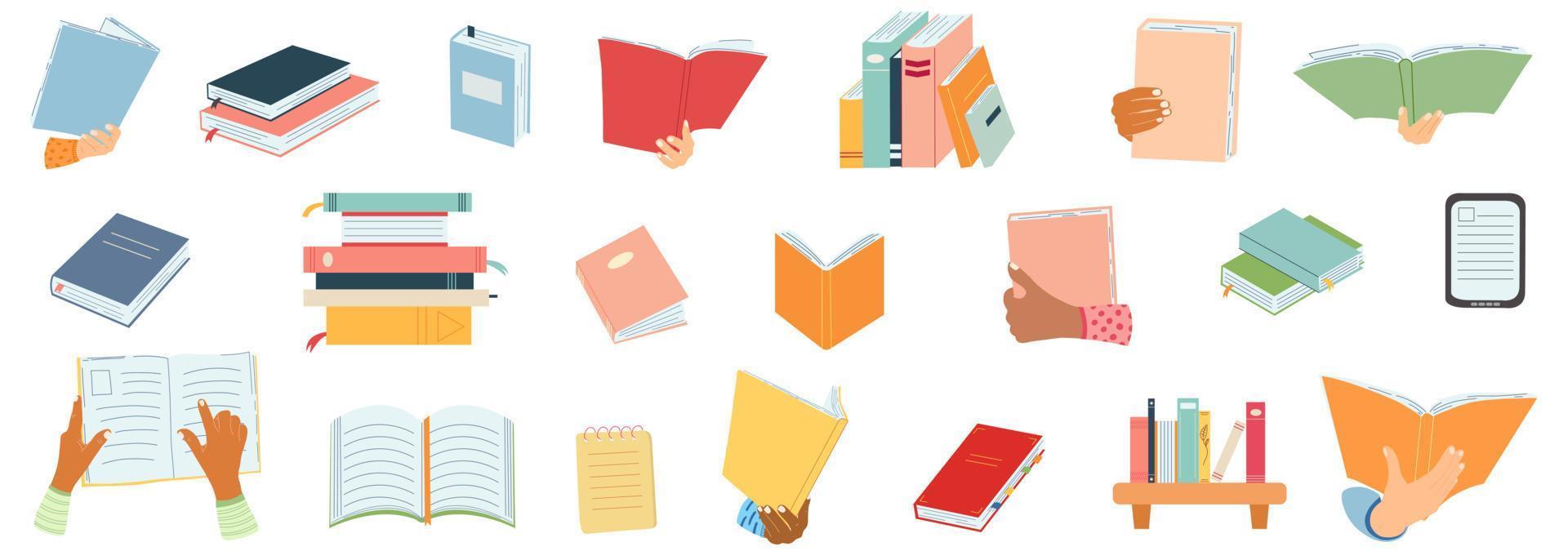 World book day concept, studying, learning. Stack of books in cartoon flat style. Vector illustration of hand drawn educational, encyclopedias, planner.