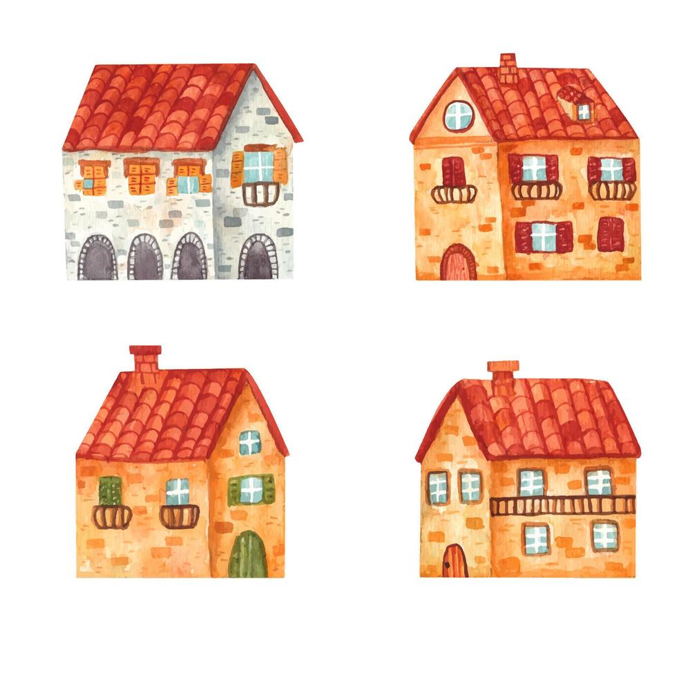 acogedoras casas de acuarela de dibujos animados dibujadas a mano de la ciudad en la playa de arena. edificios y un castillo con una torre y un reloj en la orilla. ilustración de paisaje, naturaleza, vacaciones de verano vector