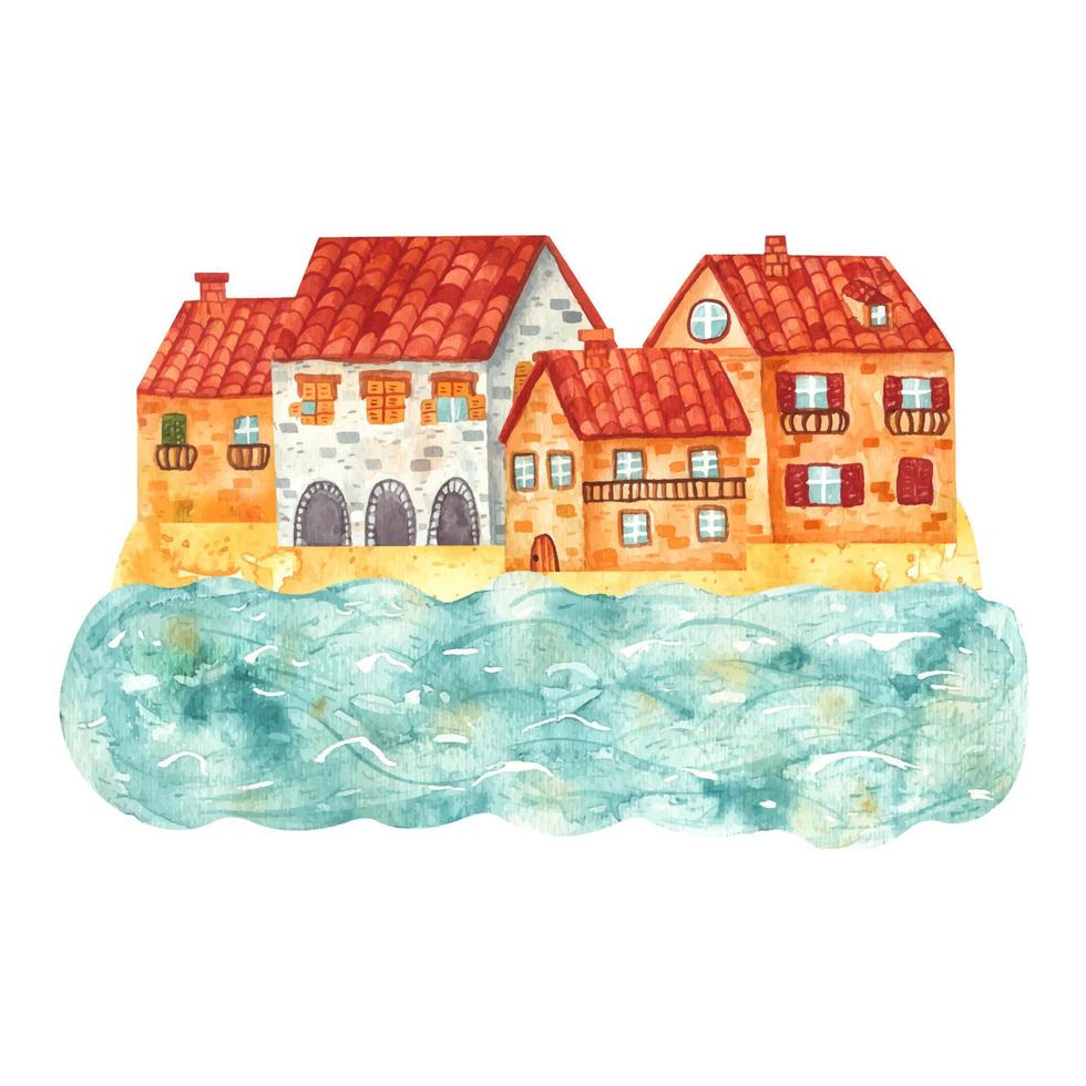 Cozy hand drawn cartoon watercolor houses of city on the sandy beach. Buildings and a castle with a tower and a clock on the shore. Illustration of landscape, nature, summer holiday vector