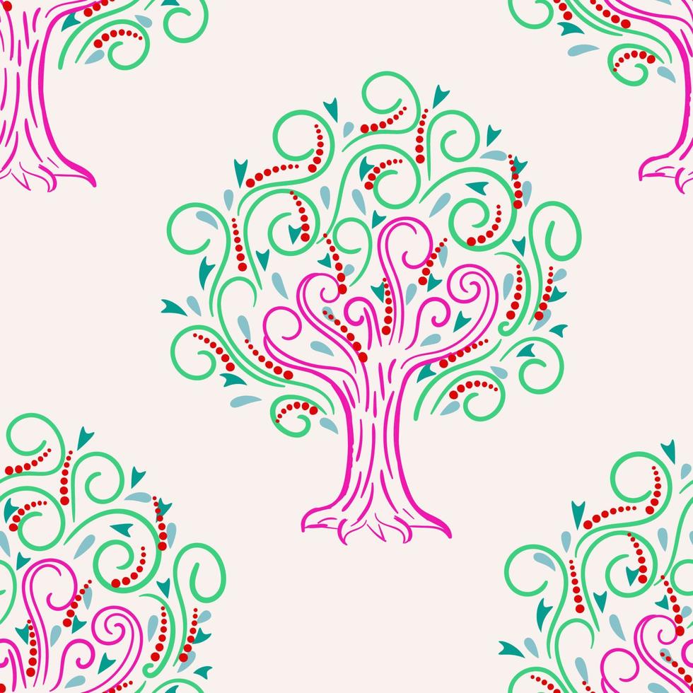 Abstract seamless pattern with cartoon curly apple tree, background. vector