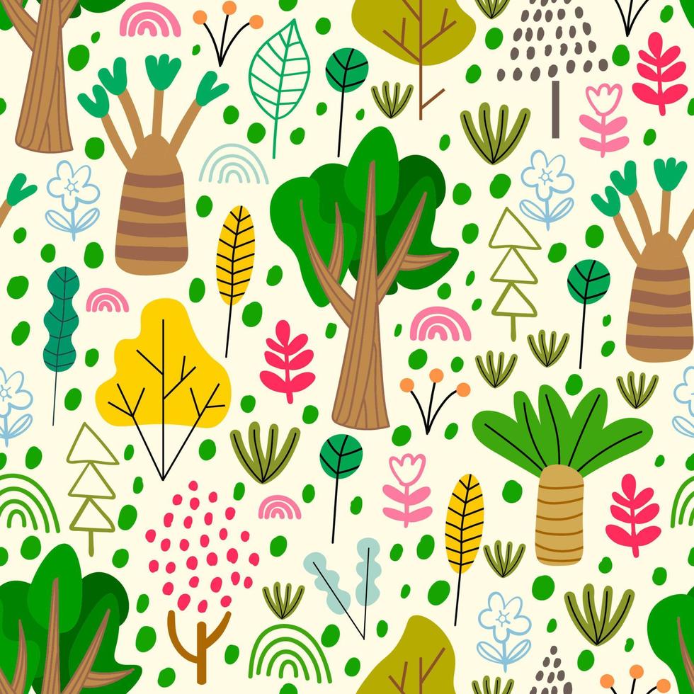 Cartoon doodle forest seamless pattern. Trees, bushes, leaves, flowers in Scandinavian childlike style background. vector