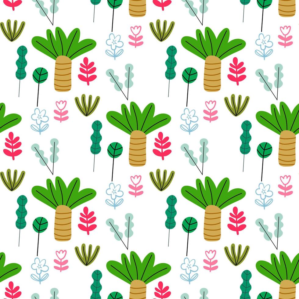 Cute forest seamless pattern with cartoon summer trees in flat style. Woodland background. vector