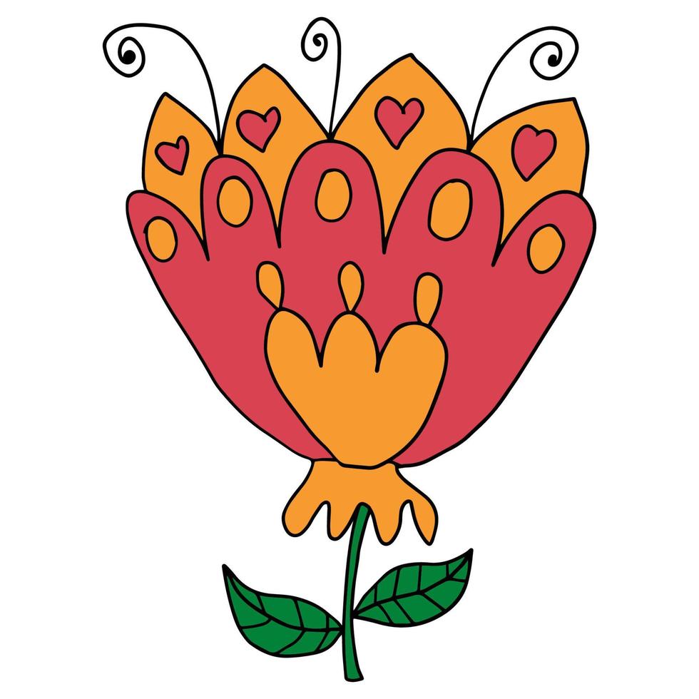 Fantasy cartoon doodle flower with leaves isolated on white background. vector
