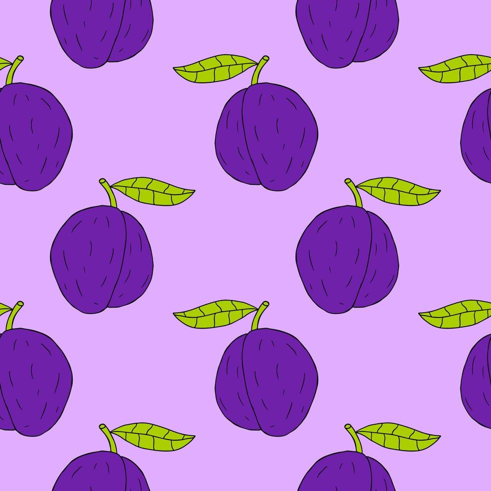 Cartoon doodle linear plum with leaf seamless pattern. Fruit background. vector