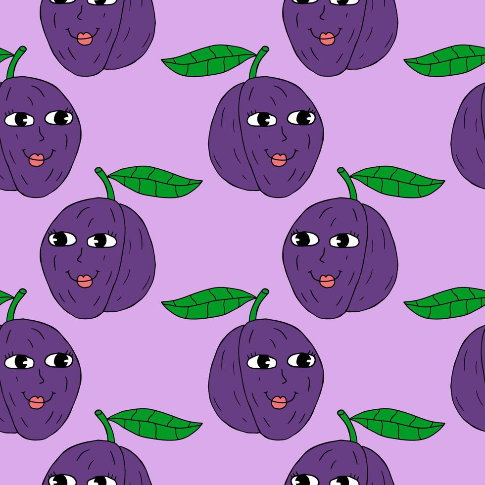 Happy cartoon doodle plum character with leaf seamless pattern. Fruit background. vector