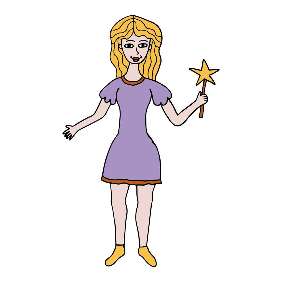 Happy fantasy doodle fairy woman with magic wand. vector