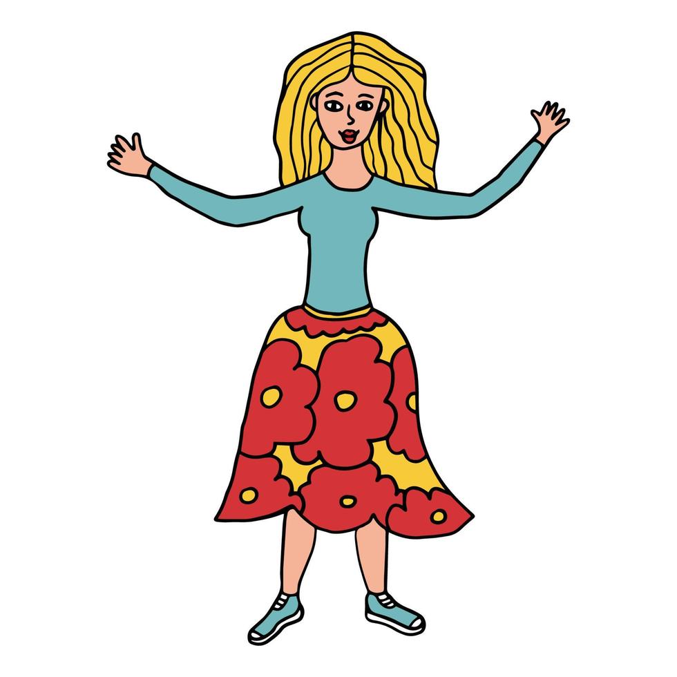 Cartoon doodle linear woman getting ready to hug isolated on white background. vector