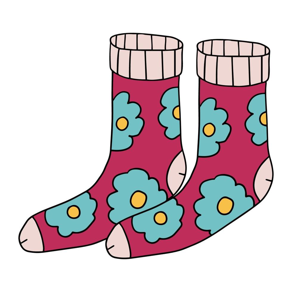 Cute doodle sock with floral texture, ornament. Childlike style. Modern cartoon cloth isolated on white background. vector