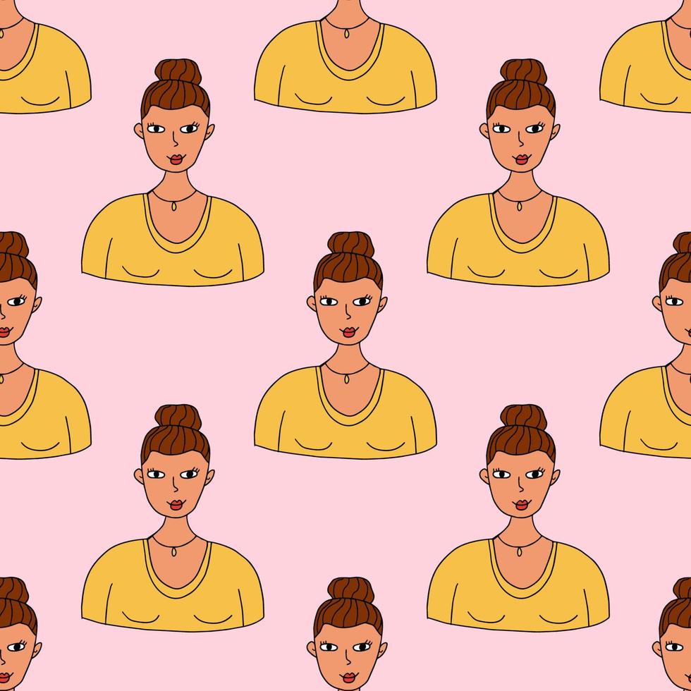 Cute cartoon hand drawn doodle woman portrait, avatar seamless pattern. vector