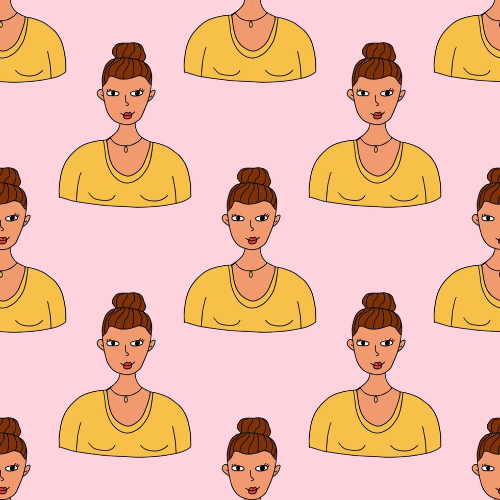 Cute cartoon hand drawn doodle woman portrait, avatar seamless pattern. vector