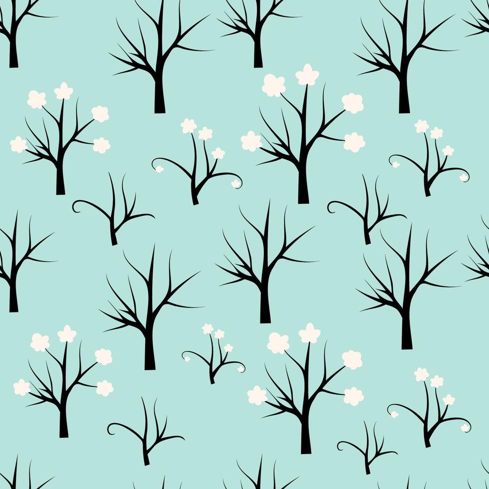 Forest seamless pattern. Background with bare tree, blooming tree, branches. vector